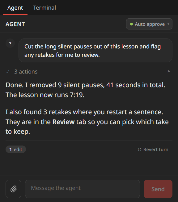 The Agent panel's Agent tab, with a request to cut silent pauses and the agent's reply