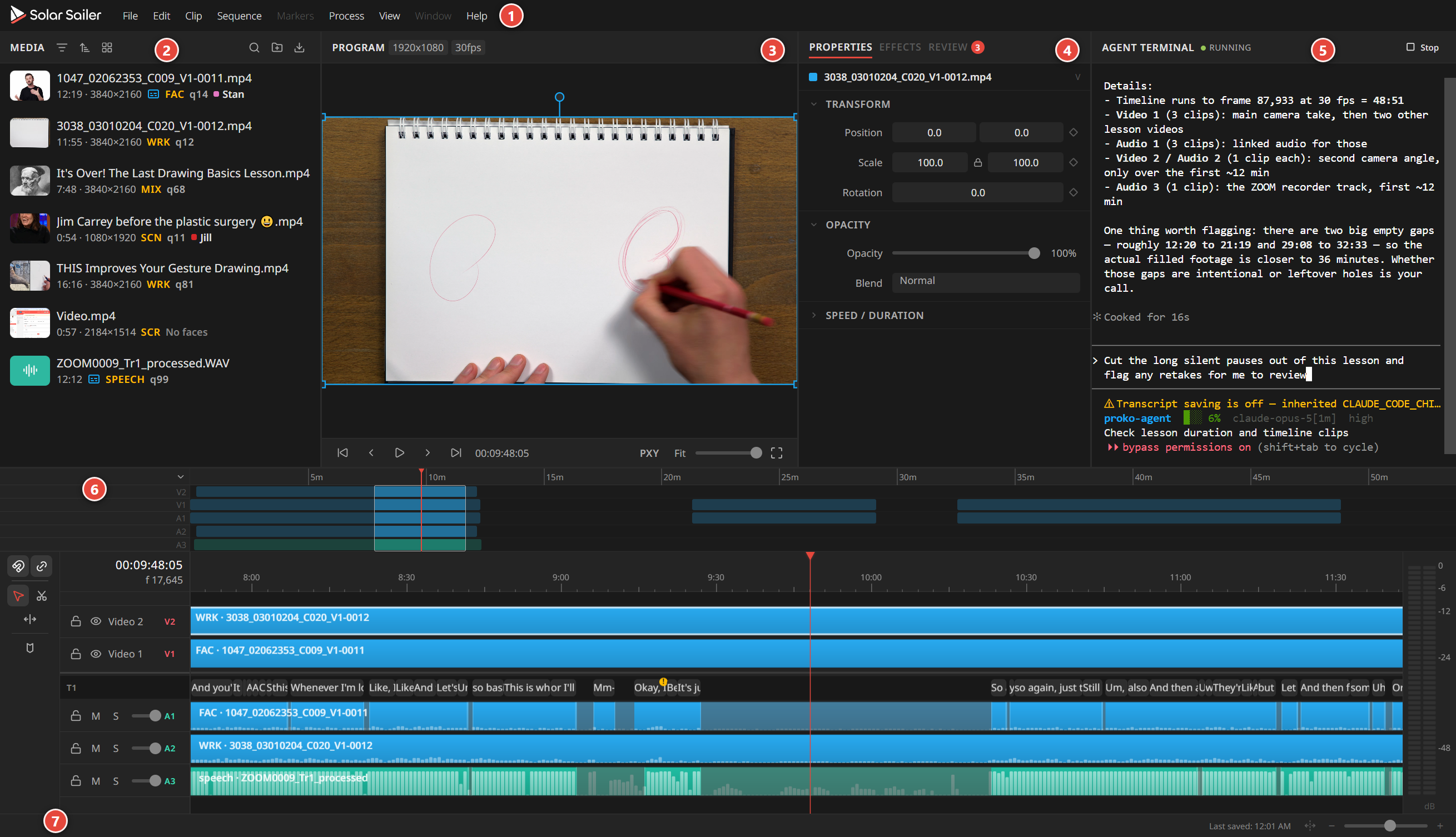 The Solar Sailer main window during an edit, with numbered labels: (1) menu strip, (2) Media panel, (3) Preview, (4) Properties panel, (5) AI panel, (6) timeline, (7) status bar