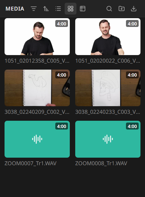The Media panel in Grid view, showing video and audio files as thumbnails with their durations and file names