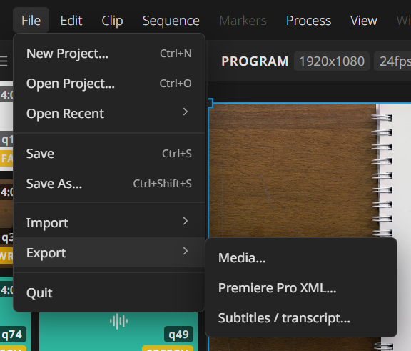The File menu with the Export submenu open, listing Media, Premiere Pro XML, and Subtitles / transcript