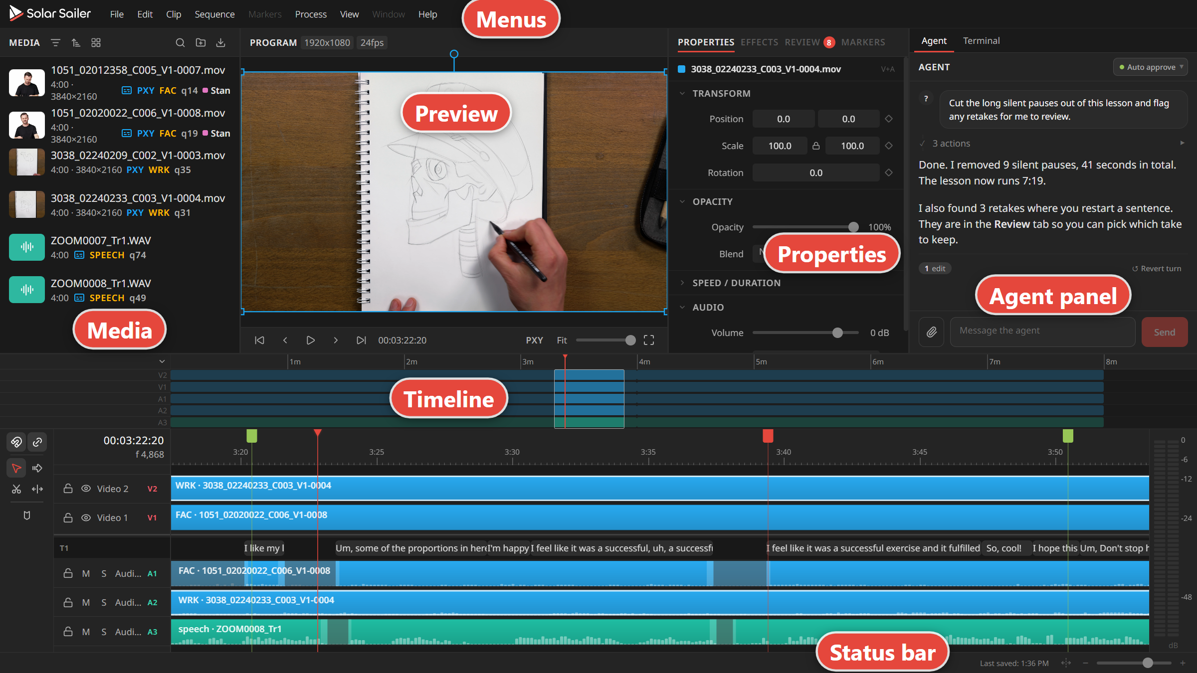 The Solar Sailer main window with labels on the Menus, Media, Preview, Properties, AI panel, Timeline, and Status bar areas