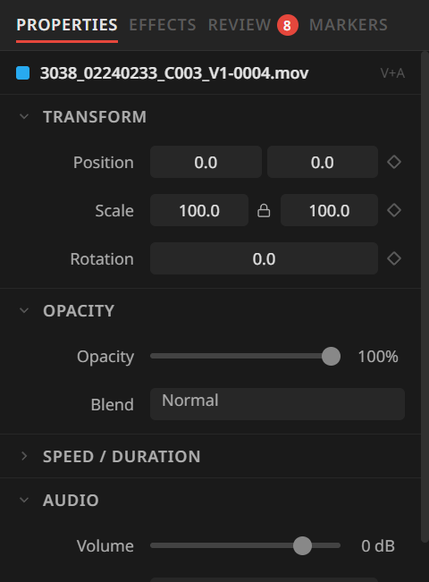 The Properties tab with a clip selected, showing Transform, Opacity, and Audio settings