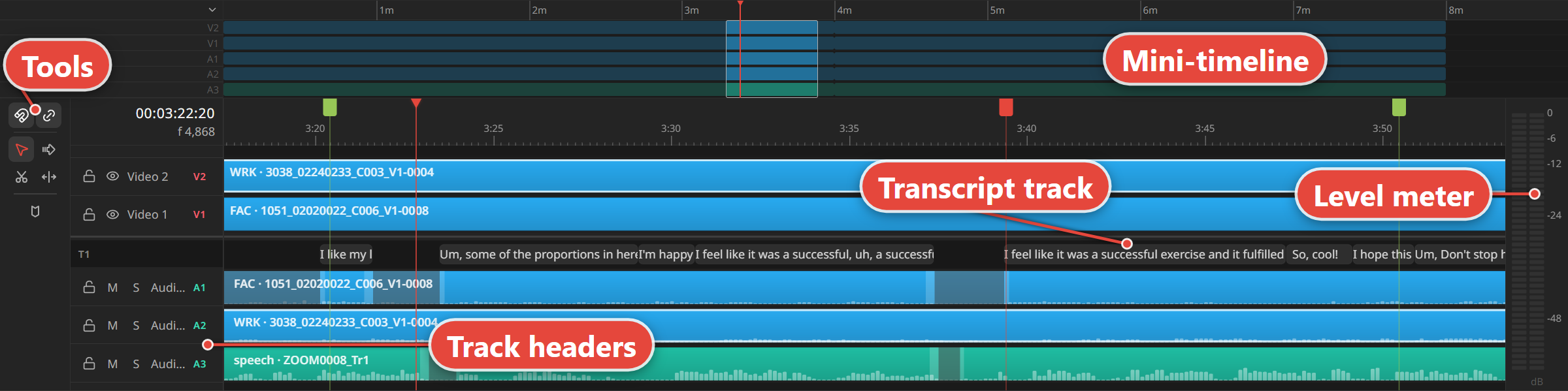 The timeline with labels on the Tools, Mini-timeline, Transcript track, Level meter, and Track headers